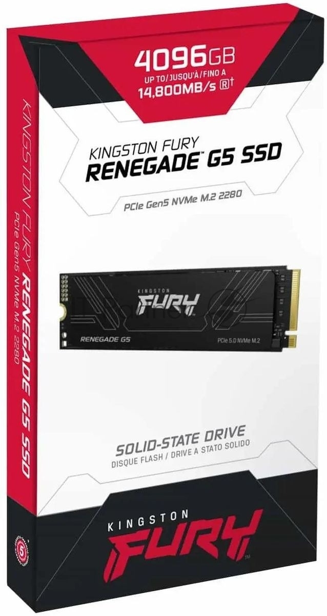 Накопитель SSD Kingston Fury Renegade, 4096Gb, M.2(22x80мм), NVMe, PCIe 5.0 x4, 3D TLC, R/W 14800/14000MB/s, IOPs 2 200 000/2 200 000, TbW 4000, DWPD 0.5 (12 мес)