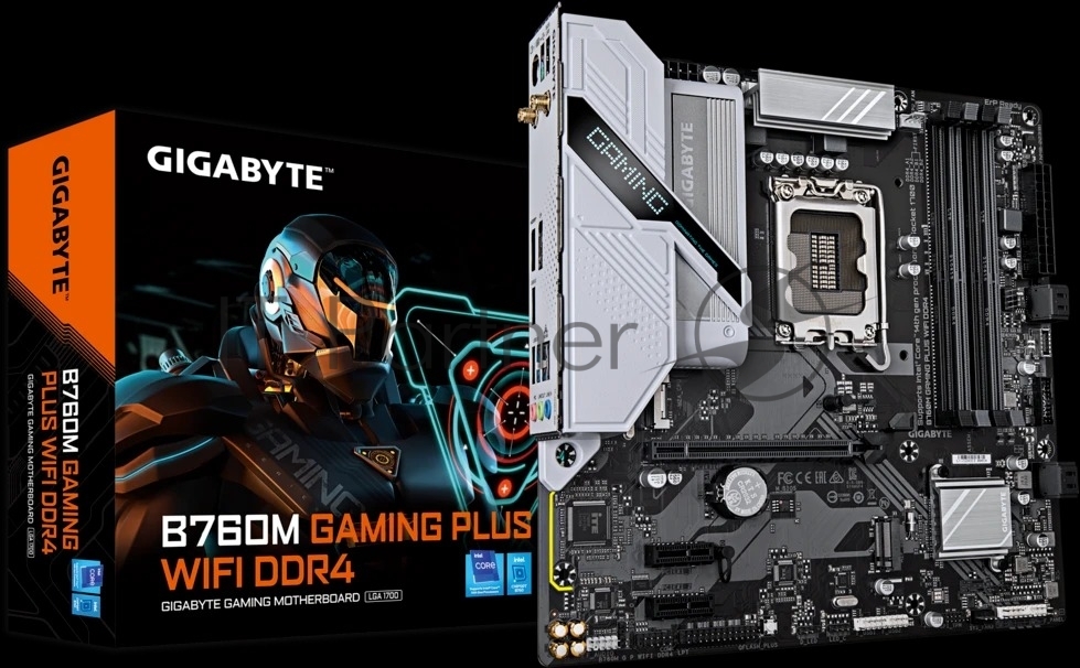 Материнская плата Gigabyte B760M GAMING PLUS WIFI DDR4, LGA1700, Intel B760, 4xDDR4, 4xSATA, 2xM.2, 1xPCIe 4.0 x16, 2xPCIe 3.0 x1, 1xDP, 1xHDMI, 1x1Gb LAN, Wi-Fi 6, Bluetooth 5.3, 3xUSB-A 5Gbps, 6xUSB-A 2.0, 1xUSB-C 5Gbps, 3x3.5 мм, 7.1, mATX