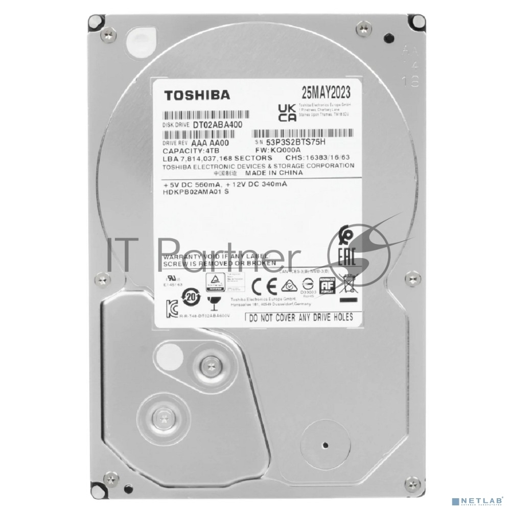 Жесткий диск Toshiba Desktop HDD 3.5" SATA 4Tb, 5400rpm, 128MB buffer, 512e, SMR, DT02ABA400, 1 year