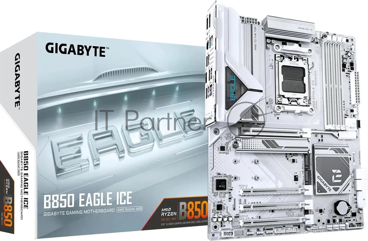 Материнская плата Gigabyte B850 EAGLE ICE, AM5, AMD B850, 4xDDR5, 4xSATA, 3xM.2, 1xPCIe 5.0 x16, 1xPCIe 4.0 x4, 2xPCIe 3.0 x1, 1xDP (v1.4), 1xHDMI (v2.1), 1x2.5Gb LAN, 2xUSB-A 10Gbps, 2xUSB-A 5Gbps, 6xUSB-A 2.0, 1xUSB-C 5Gbps, 3x3.5 мм, 7.1, ATX