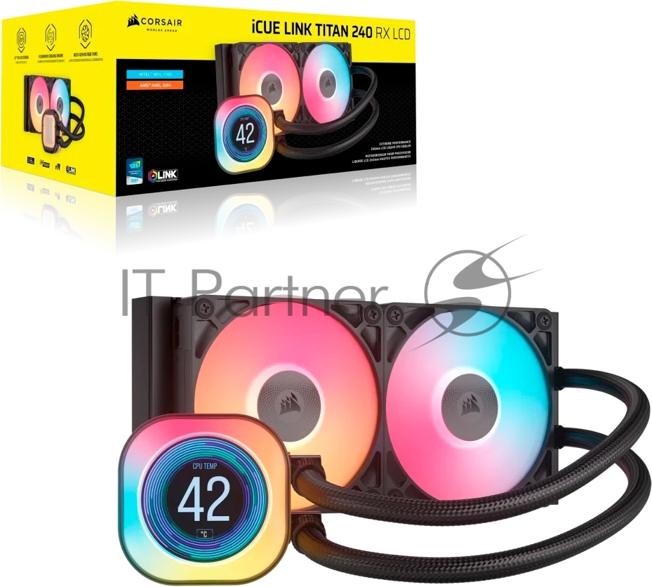 Система жидкостного охлаждения Corsair iCUE LINK TITAN 240 RX LCD (240мм, черный, RGb/ Fans: 2x120мм, 73.5CFM, 36dBA, 2100RPM/ S: 1851, 1700, AM5, AM4)