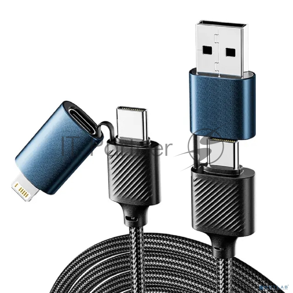 Кабель Rexant 4в1 USB-A, Type-C, Type-C, Lightning 65Вт, 1м, в черной нейлоновой оплетке