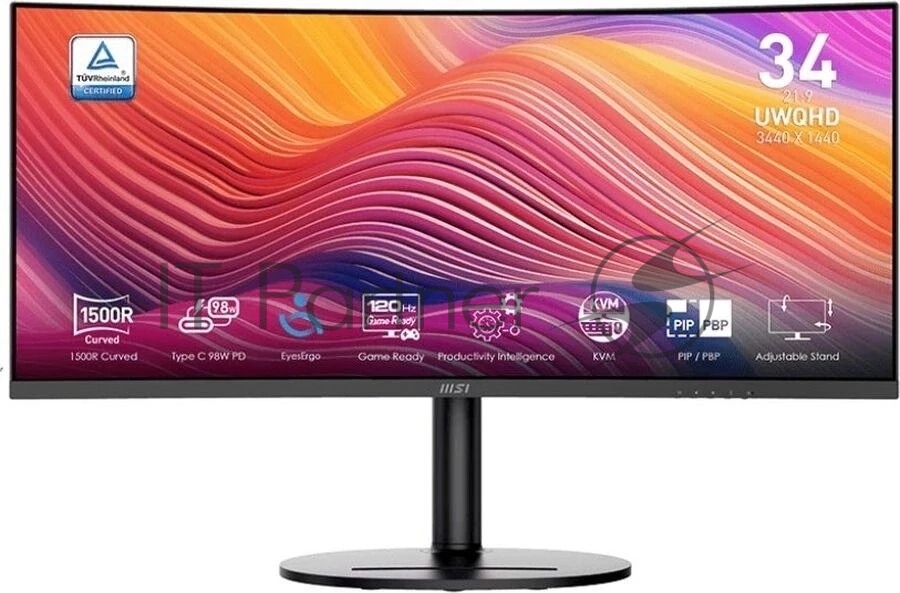 Монитор 34" MSI Modern MD342CQP VA 3440x1440, 120 Гц, 4 мс, 21:9, 300 кд/м², 2xHDMI 2.0b, DP 1.4a, USB-C, USB Hub (2x USB 3.0), 3.5 Jack, динамики (2x3 Вт), Adaptive-Sync, изогнутый экран (1500R), черный