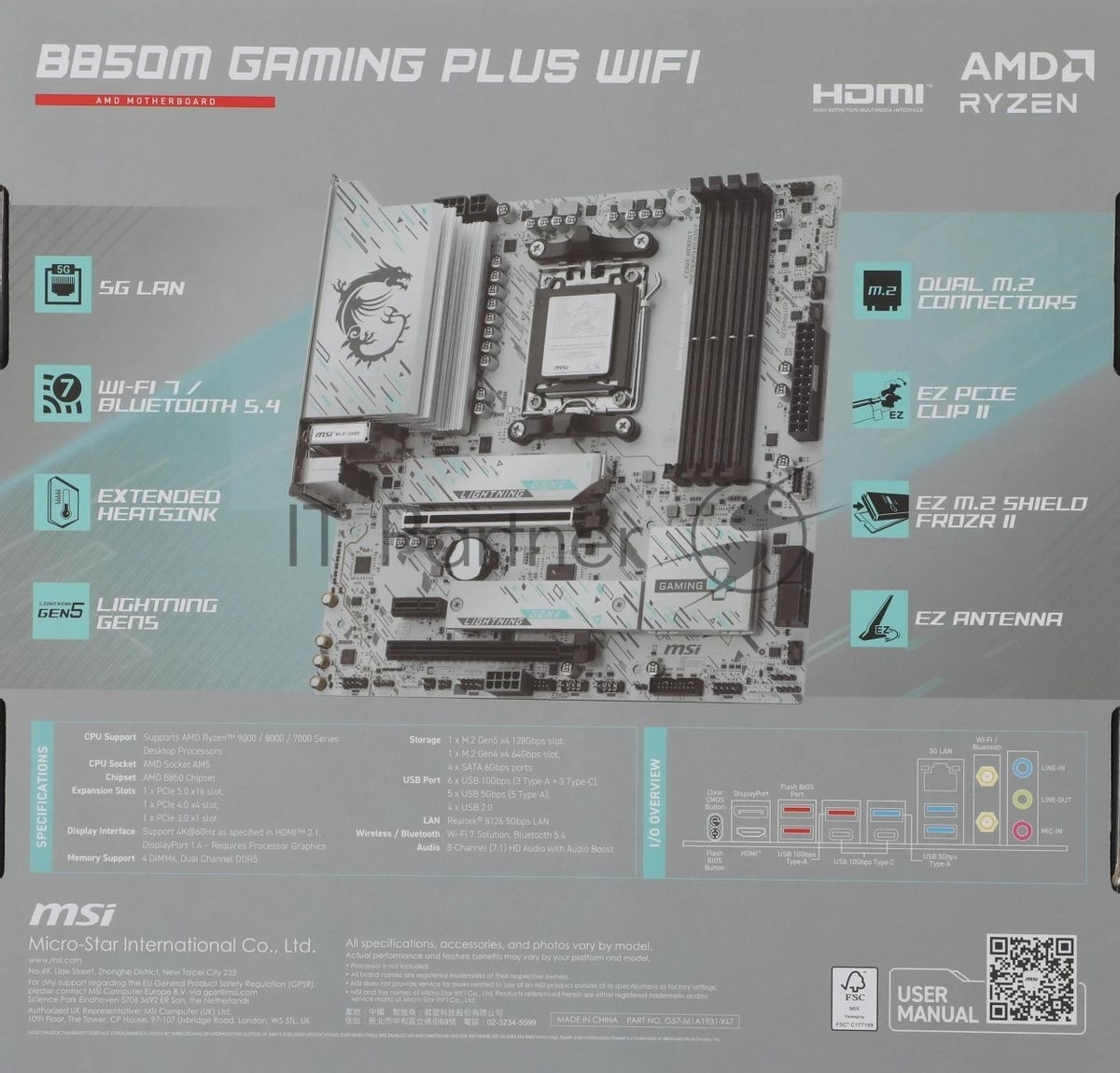 Материнская плата MSI B850M GAMING PLUS WIFI, AM5, AMD B850, 4xDDR5, 4xSATA, 2xM.2, 1xPCIe 5.0 x16, 1xPCIe 4.0 x4, 1xPCIe 3.0 x1, 1xDP, 1xHDMI, 1x5Gb LAN, Wi-Fi 7, Bluetooth 5.4, 3xUSB-C 10Gbps, 3xUSB-A 10Gbps, 3xUSB-A 5Gbps, 3x3.5 мм, 7.1, mATX