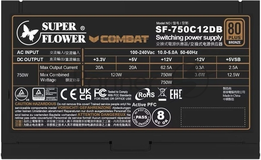 Блок питания 750Вт/Power Supply Super Flower Combat DB ATX 3.1, 750W, ATX, 120мм, 6xSATA, 3xPCI-E(6+2), 1xPCI-E 16, APFC, 80 PLUS Bronze, non-Modular