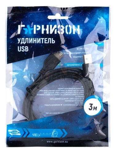 Кабель-удлинитель USB2.0 Гарнизон GCC-USB2-AMAF-3M, AM/AF, медь, 3м, черный, пакет