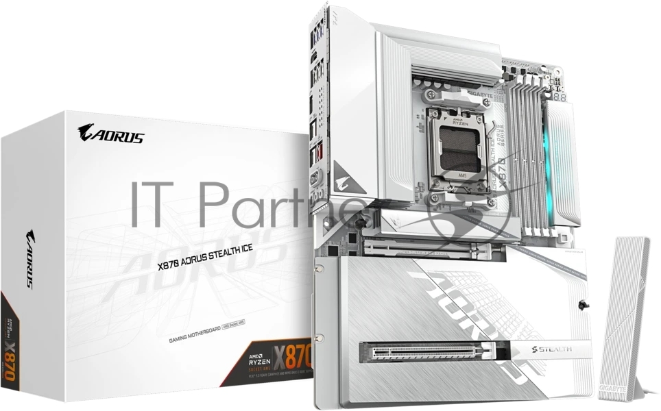 Материнская плата Gigabyte X870 AORUS STEALTH ICE, AM5, AMD X870, 4xDDR5, 2xSATA, 4xM.2, 1xPCIe 5.0 x16, 1xPCIe 4.0 x16, 1xHDMI, 1x5Gb LAN, Wi-Fi 7, Bluetooth 5.4, 2xUSB-C 40Gbps (USB4), 1xUSB-C 10Gbps, 4xUSB-A 10Gbps, 4xUSB-A 5Gbps, 4xUSB-A 2.0, 3x3.5 мм + S/PDIF оптический, 7.1, ATX