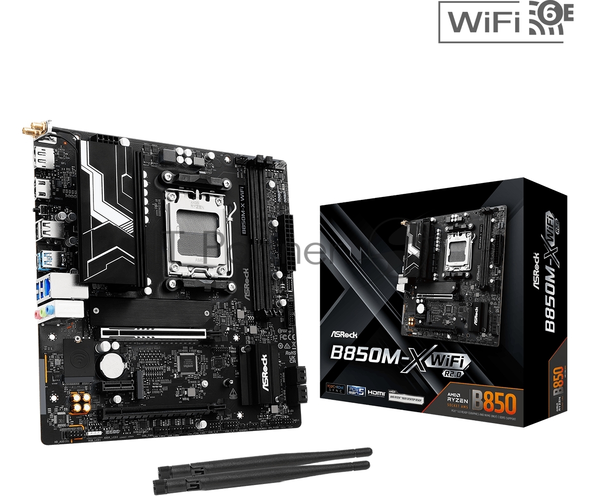 Материнская плата ASROCK B850M-X WIFI R2.0, AM5, AMD B850, 2xDDR5, 4xSATA, 2xM.2, 1xPCIe 5.0 x16, 1xPCIe 4.0 x4, 1xPCIe 3.0 x1, 1xDP, 1xHDMI, 1x2.5Gb LAN, Wi-Fi 6E, BT 5.2, 1xUSB-C 5Gbps, 3xUSB-A 5Gbps, 2xUSB-A 2.0, 3x3.5 мм, 7.1, mATX