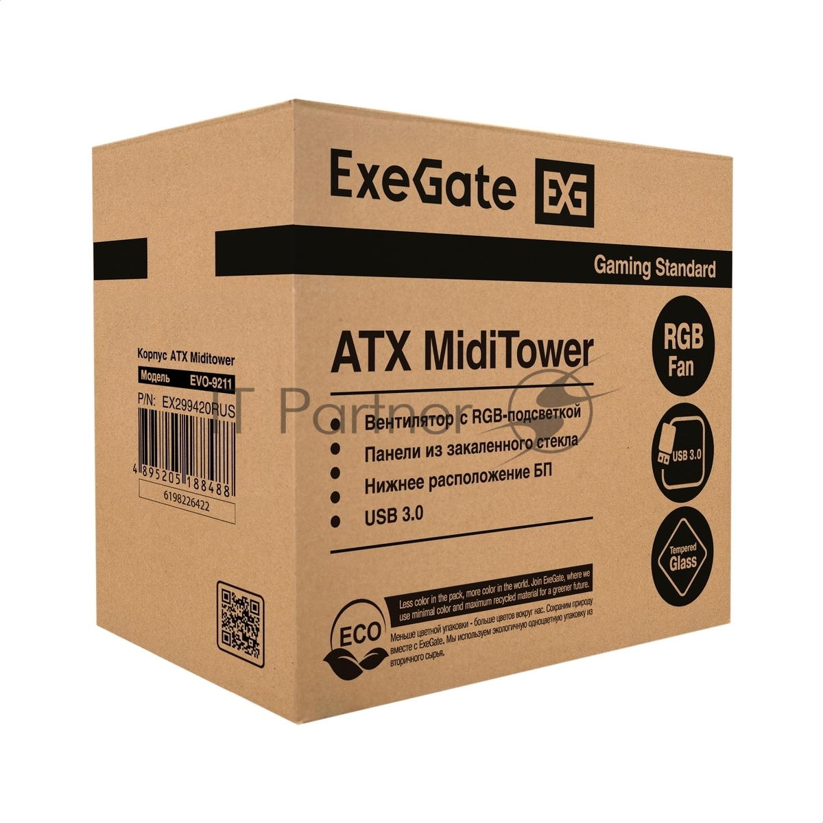 Компьютерный корпус Miditower ExeGate EVO-9211-800NPX (ATX, БП 800NPX с вент. 12см, с окном, 2хUSB+1хUSB3.0, HD аудио, черный, 1 вент. с RGb подсветкой)