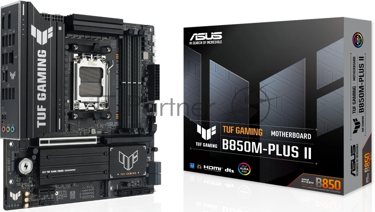 Материнская плата ASUS TUF GAMING B850M-PLUS II, AM5, AMD B850, 4xDDR5, 4xSATA, 3xM.2, 1xPCIe 5.0 x16, 1xPCIe 4.0 x1, 1xHDMI, 1xDP, 1x2.5Gb LAN, 1xUSB-C 20Gbps, 3xUSB-A 10Gbps, 4xUSB-A 5Gbps, 4xUSB-A 2.0, 3x3.5 мм, 7.1, mATX