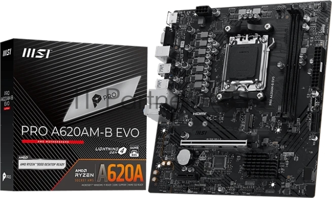 Материнская плата MSI PRO A620M-B EVO, AM5, AMD A620A, 2xDDR5, 2xSATA, 1xM.2, 1xPCIe 4.0 x16, 1xPCIe x1, 1xVGA, 1xHDMI, 1x2.5Gb LAN, 4xUSB-A 5Gbps, 2xUSB-A 2.0, 2xPS/2, 3x3.5 мм, 7.1, чёрный, mATX