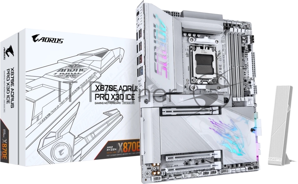 Материнская плата Gigabyte X870E AORUS PRO X3D ICE, AM5, AMD X870E, 4xDDR5, 4xSATA, 4xM.2, 1xPCIe 5.0 x16, 1xPCIe 4.0 x16, 1xPCIe 3.0 x16, 1xHDMI, 1x5Gb LAN, Wi-Fi 7, Bluetooth 5.4, 2xUSB-C 40Gbps (USB4), 2xUSB-C 10Gbps, 5xUSB-A 10Gbps, 3xUSB-A 5Gbps, 3x3.5 мм + S/PDIF оптический, 7.1, белый, ATX