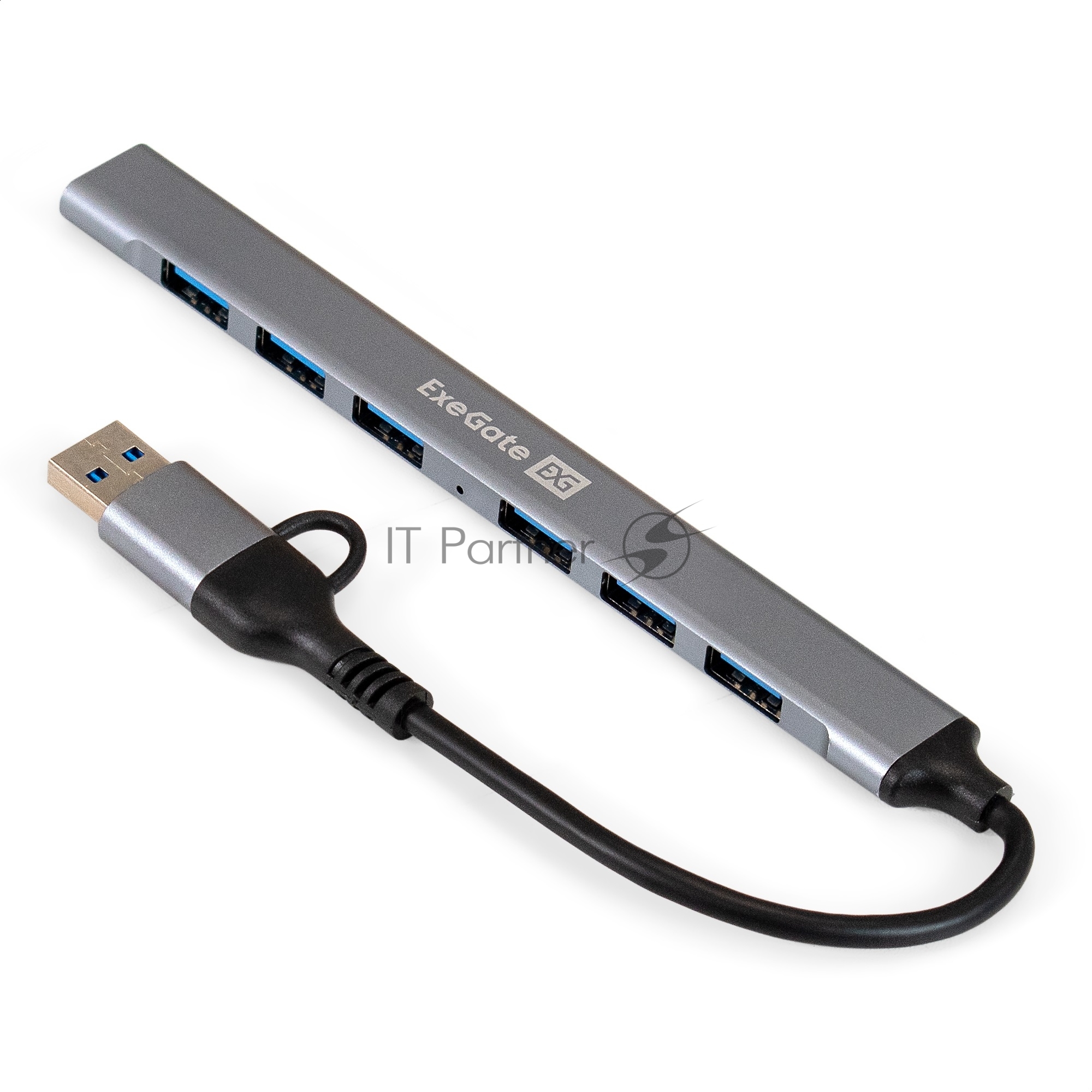 USB-концентратор 7-в-1 ExeGate DUB-761C3 (кабель-адаптер USB Type-A + Type-C --> 6xUSB2.0, 1xUSB3.0, Plug&Play, серебристый)