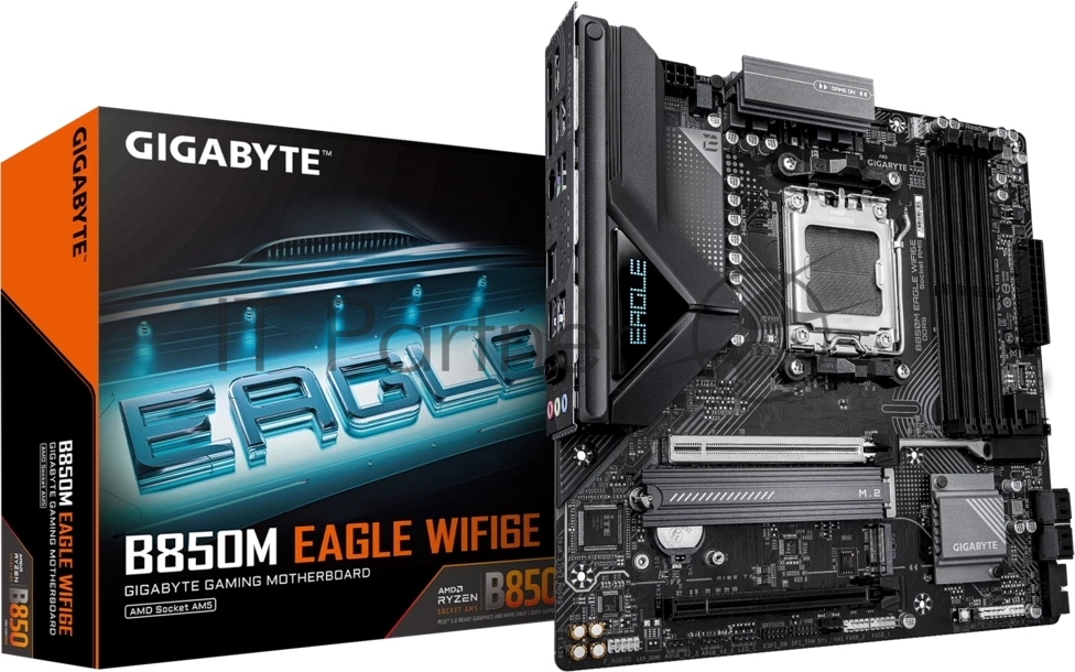 Материнская плата Gigabyte B850M EAGLE WIFI6E, AM5, AMD B850, 4xDDR5, 4xSATA, 2xM.2, 1xPCIe 5.0 x16, 1xPCIe 3.0 x16, 1xHDMI, 2xDP, 1x2.5Gb LAN, Wi-Fi 6E, Bluetooth 5.3, 1xUSB-C 10Gbps, 2xUSB-A 10Gbps, 2xUSB-A 5Gbps, 4xUSB-A 2.0, 1xPS/2, 3x3.5 мм, 7.1, mATX