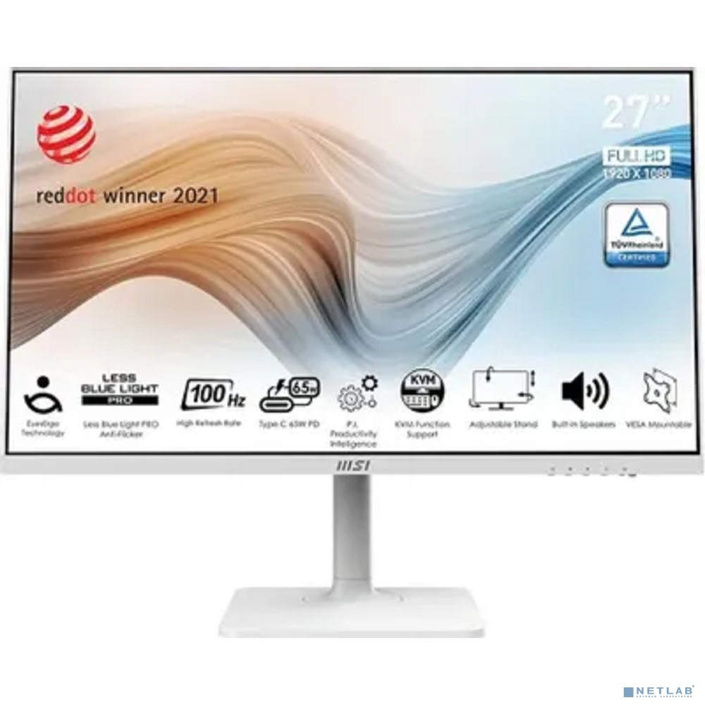 MSI Modern 27" MD272XPW {IPS 1920x1080 100Hz 1ms 1000:1 300cd 178/178 HDMI1.4 DisplayPort1.2 USB-C 2xUSB Speaker HAS Pivot White(white cable)}
