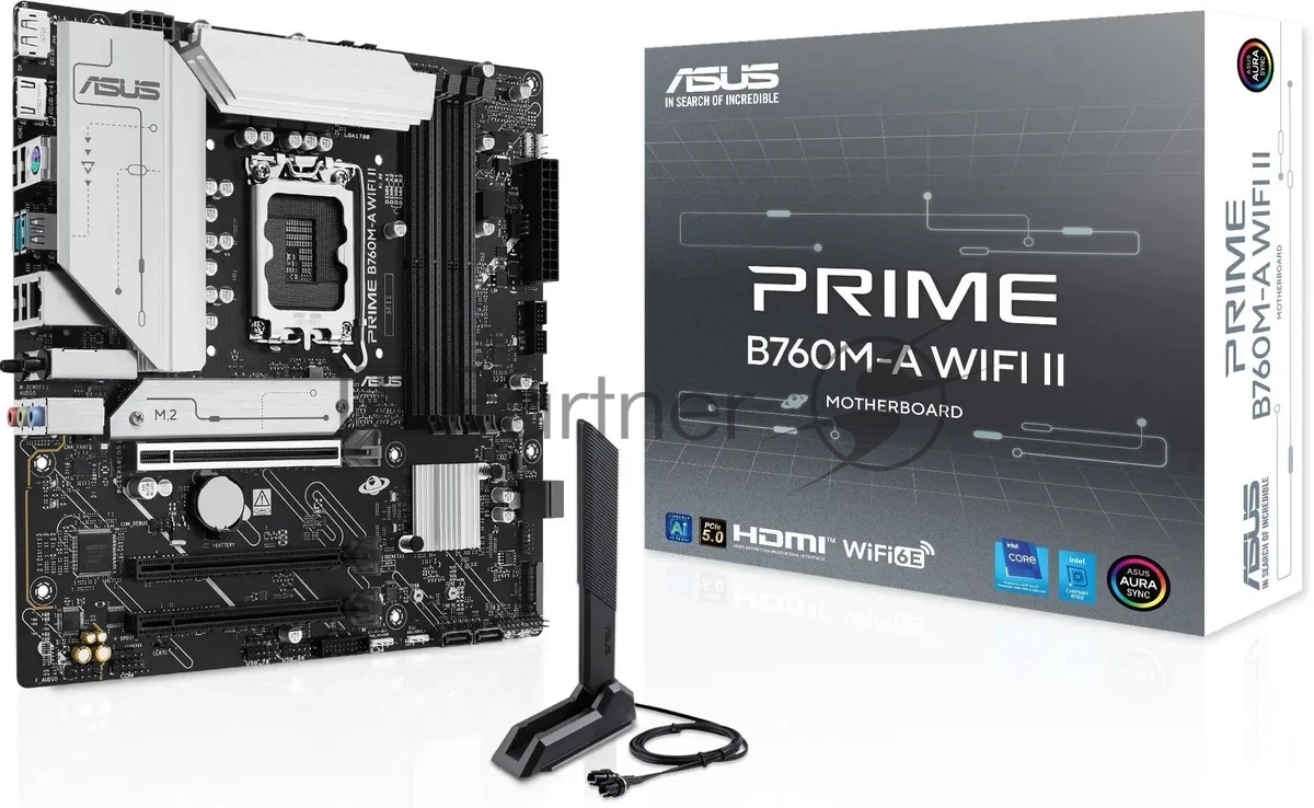 Материнская плата ASUS PRIME B760M-A WIFI II, LGA 1700, Intel B760, 4xDDR5, 4xSATA, 2xM.2, 1xPCIe 5.0 x16, 2xPCIe 4.0 x16, 1xHDMI, 1xDP, 1x2.5Gb LAN, Wi-Fi 6E, Bluetooth 5.4, 2xUSB-A 10Gbps, 4xUSB-A 2.0, 3x3.5 мм, 7.1, mATX