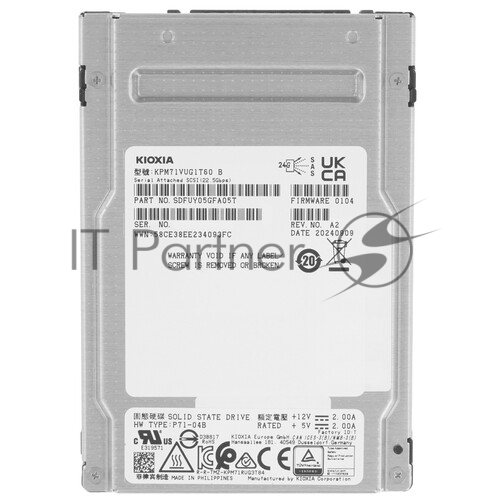 Серверный твердотельный накопитель KIOXIA SSD PM7-V, 1600GB, 2.5" 15mm, SAS 24G, TLC, R/W 4200/3400 MB/s, IOPs 720K/320K, TBW 8760, DWPD 3 (12 мес.)