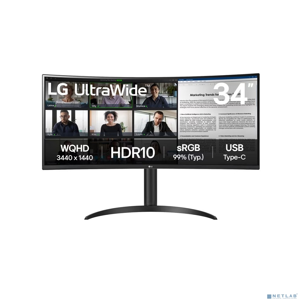 LCD LG 34" 34WR55QK-B {VA Curved 1500R 3440x1440 100Hz 5ms 300cd 3000:1 2xHDMI2.0 DisplayPort1.4 USB-C(65W PD) VESA}