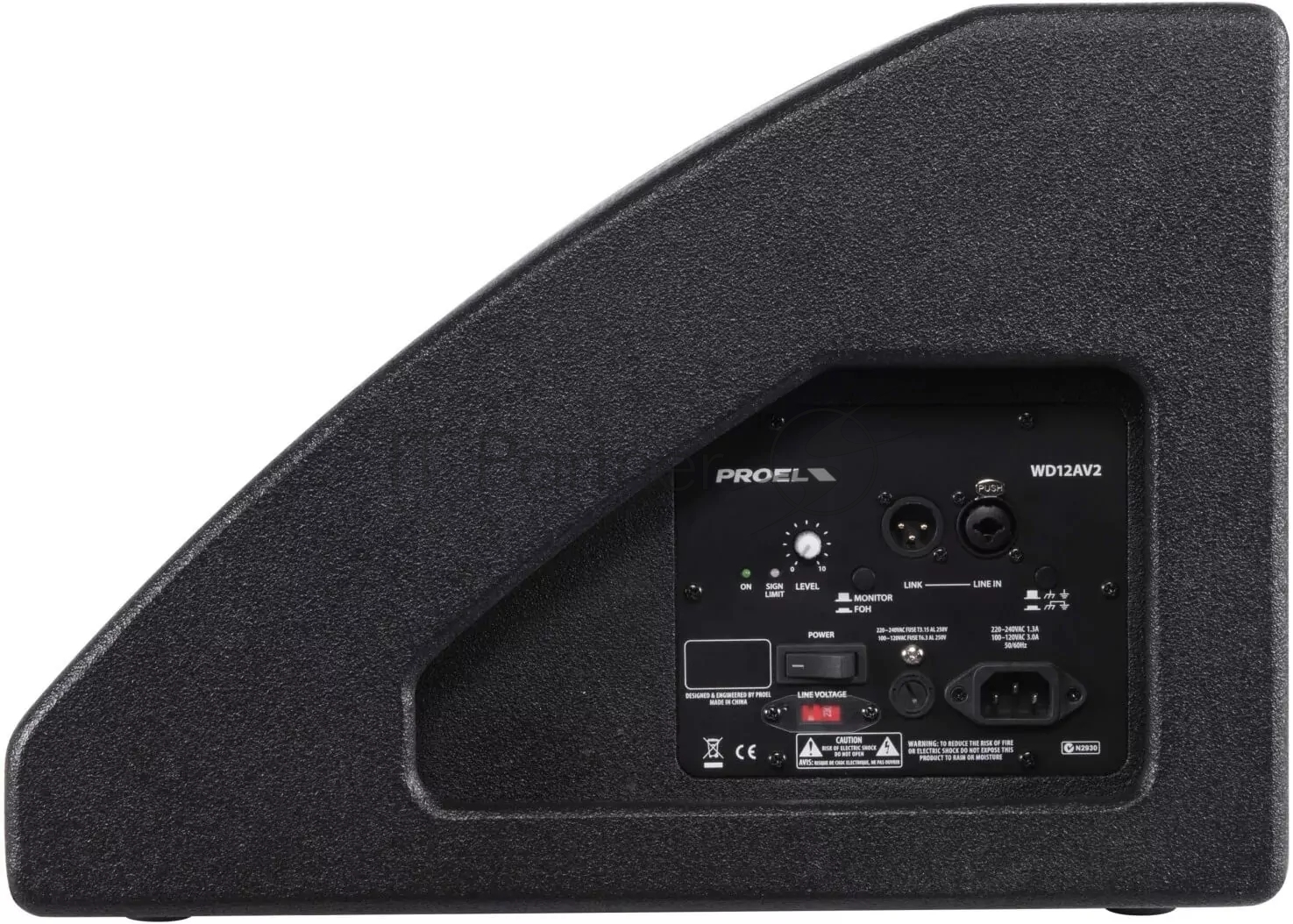 Активный сценический монитор PROEL WD12AV2 2-х полосный, НЧ динамик 12", ВЧ динамик 1", мощность пик./ном. 700/350 Вт, АЧХ 50-20000 Гц, макс. SPL 124 дБ, Combo XLR/TRS мик./лин. вход, XLR лин. выход, материал корпуса фанера