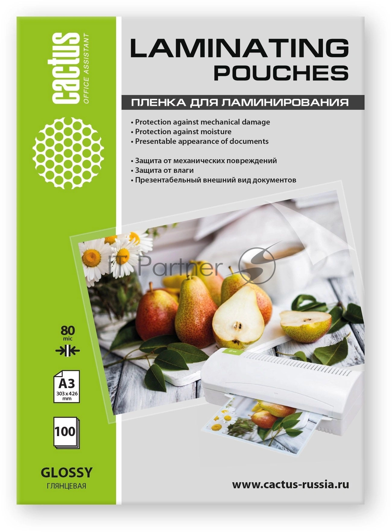 Пленка для ламинирования Cactus 80мкм A3 (100шт) глянцевая 303x426мм CS-LPGА380100