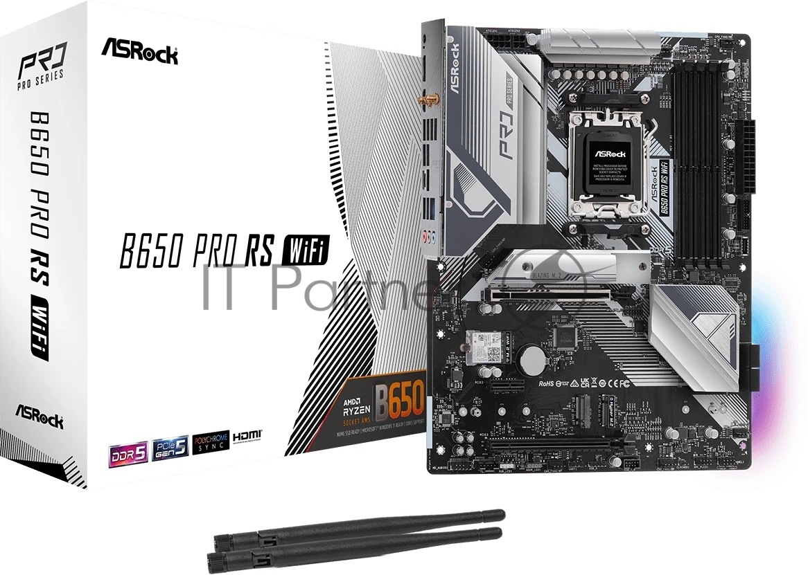 Материнская плата ASRock B650 Pro RS WiFi, AM5, AMD B650, 4xDDR5, 4xSATA, 3xM.2, 1xPCIe 4.0 x16, 1xPCIe 3.0 x16, 1xPCIe 3.0 x1, 1xHDMI, 1xDP, 1x2.5Gb LAN, Wi-Fi 6E, Bluetooth 5.2, 1xUSB-C 10Gbps, 2xUSB-A 5Gbps, 6xUSB-A 2.0, 3x3.5 мм, 7.1, ATX
