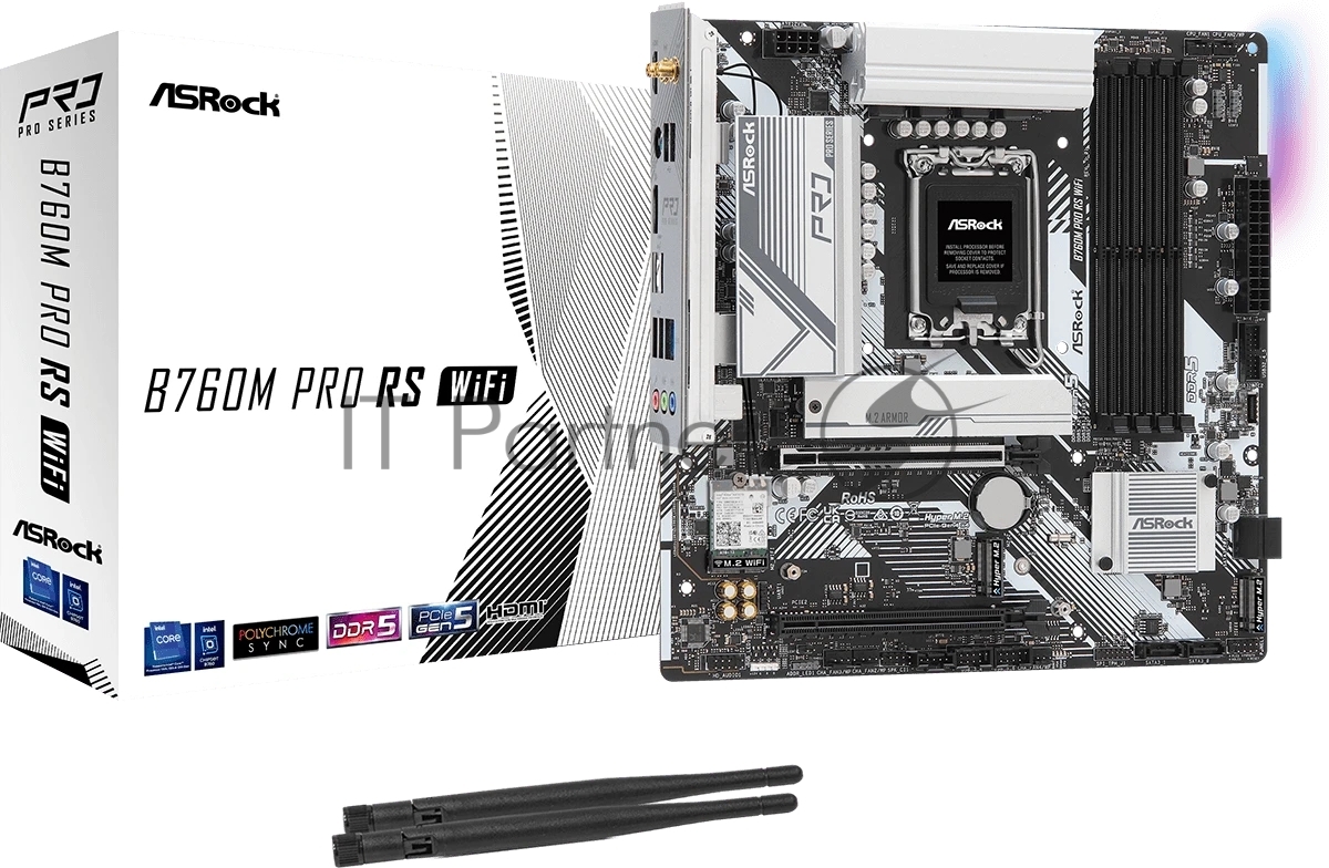 Материнская плата ASRock B760M Pro RS WiFi, LGA 1700, Intel B760, 4xDDR5, 4xSATA, 3xM.2, 1xPCIe 5.0 x16, 1xPCIe 3.0 x16, 1xHDMI, 1xDP, 1x2.5Gb LAN, Wi-Fi 6E, Bluetooth 5.3, 1xUSB-C 5Gbps, 3xUSB-A 5Gbps, 2xUSB-A 2.0, 3x3.5 мм, 7.1, mATX