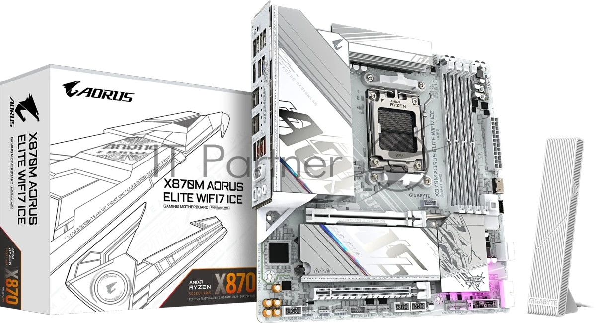 Материнская плата Gigabyte X870M AORUS ELITE WIFI7 ICE, AM5, AMD X870, 4xDDR5, 2xSATA, 2xM.2, 1xPCIe 5.0 x16, 1xPCIe 4.0 x16, 1xHDMI, 1x2.5Gb LAN, Wi-Fi 7, Bluetooth 5.4, 2xUSB-C 40Gbps (USB4), 2xUSB-A 10Gbps, 4xUSB-A 5Gbps, 4xUSB-A 2.0, 3x3.5 мм + S/PDIF оптический, 7.1, белый, mATX