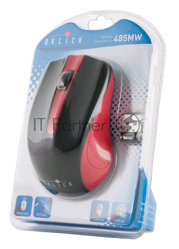 Мышь беспроводная Oklick 485MW черный/красный, 1200 dpi, радиоканал, USB, кнопки - 3