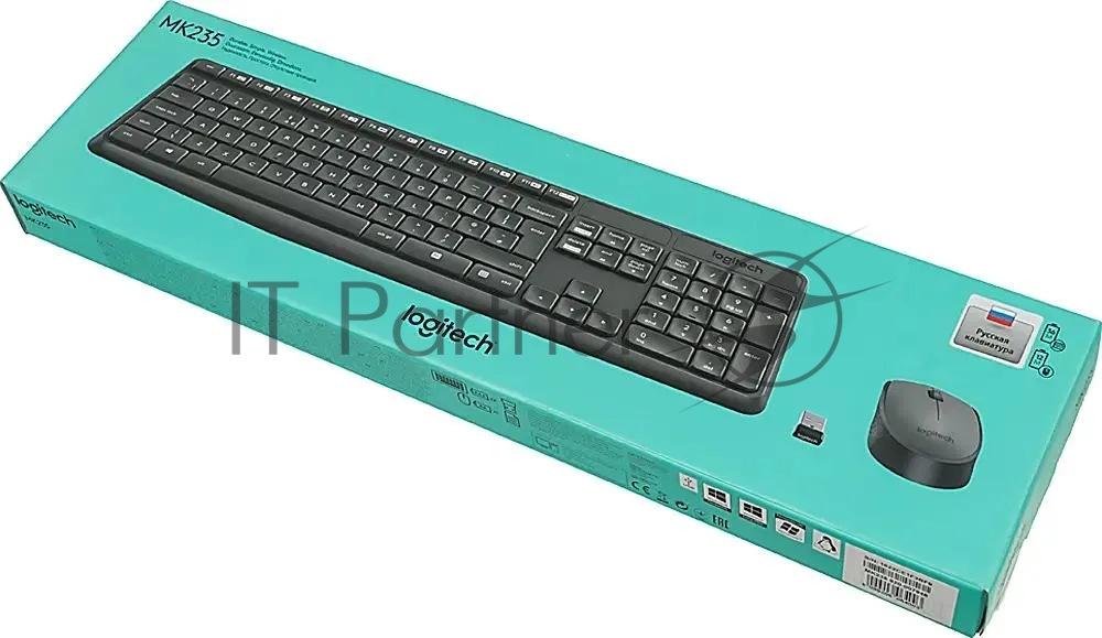 Комплект клавиатура+мышь Logitech MK235 беспроводной, USB, 1000 DPI, серый