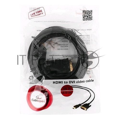 Кабель HDMI-DVI Cablexpert CC-HDMI-DVI-15, 19M/19M, single link, медь, позол.разъемы, экран, 4.5м, черный, пакет