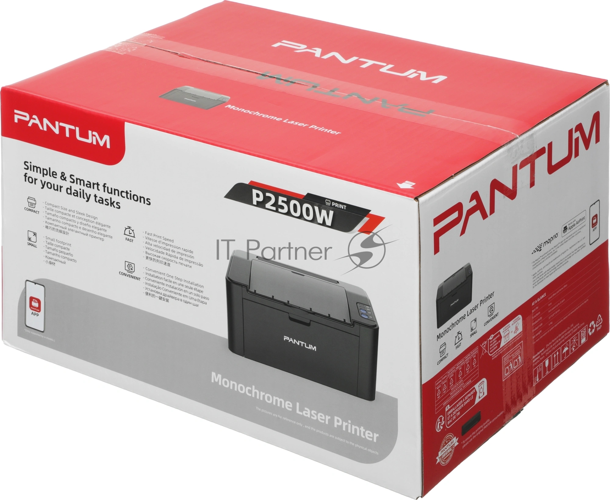 Принтер лазерный Pantum P2500W, А4, ч/б, печ. до 22 стр/мин, 1200x1200 dpi, USB, Wi-Fi