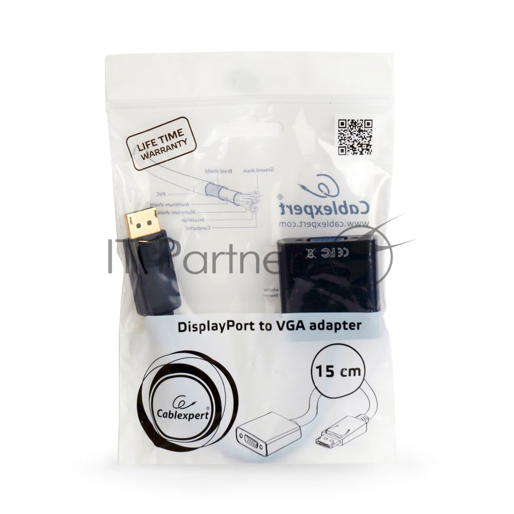 Переходник DisplayPort - VGA Cablexpert A-DPM-VGAF-02, 20M/15F, кабель 15 см, пакет