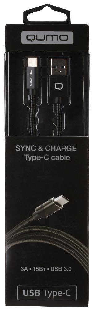 Кабель Qumo Type-С кабель, 1м, USB 3.0, 5В, 3А, 15Вт, металлическая оплетка, металлический коннектор, черный