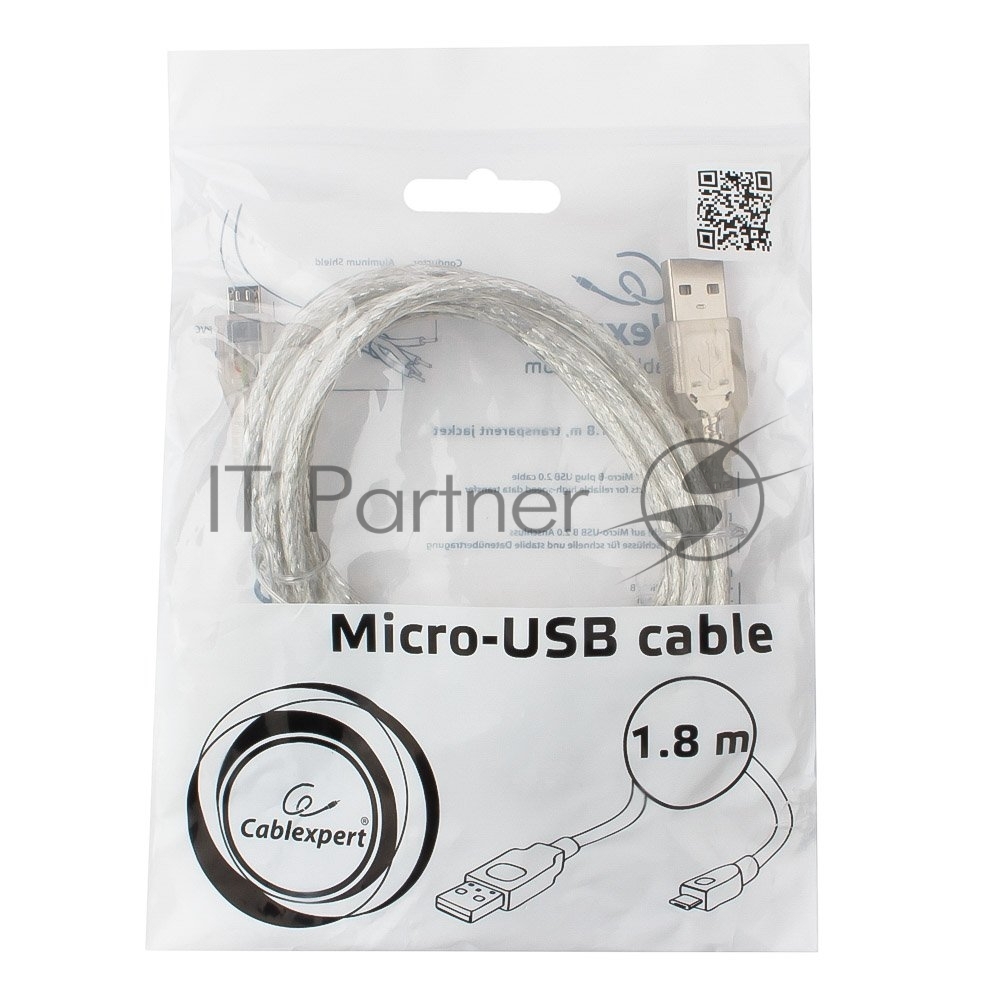 Кабель Cablexpert USB2.0 Pro, AM/microBM, 1,8м, экран, феррит.кольцо, прозрачны (CCP-mUSB2-AMBM-6-TR)
