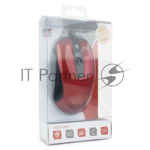 Мышь проводная Gembird MOP-400-R красный, 1000 dpi, USB, кнопки - 3
