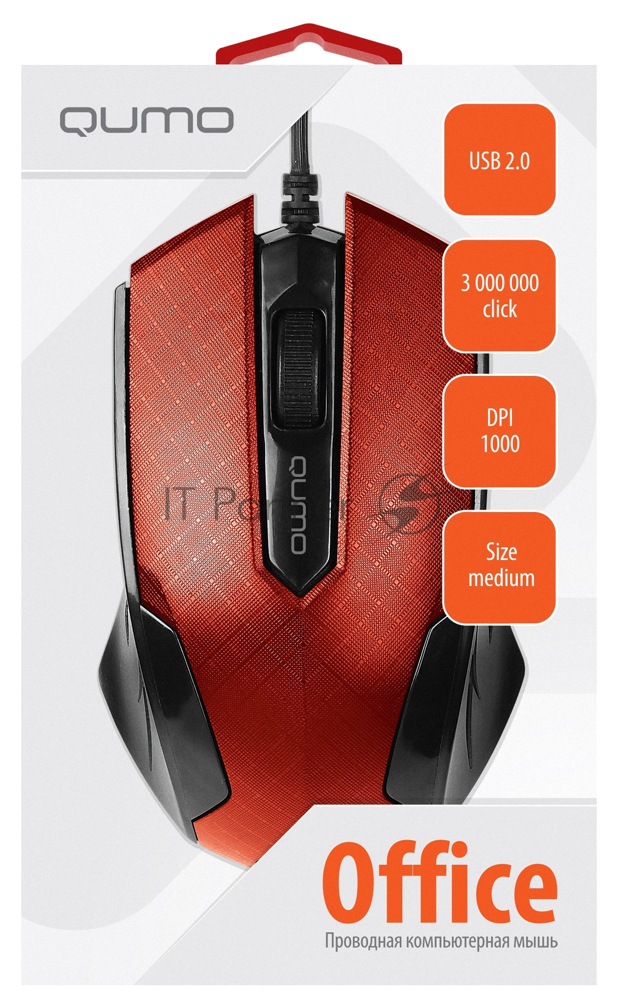 Мышь проводная Qumo Office M14 красный, 1000 dpi, USB, кнопки - 3